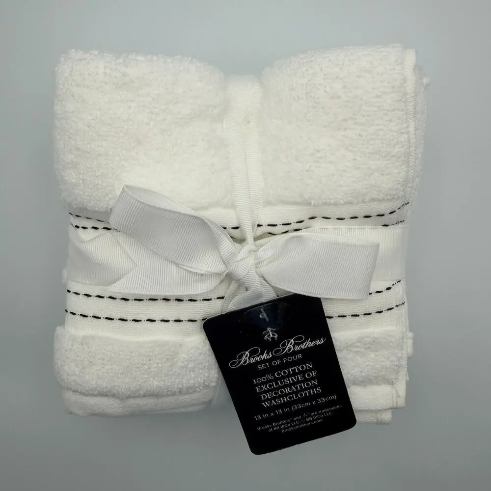 Brooks Brothers 100% Cotton Washcloths Set of 4 White Black Stitch 13x13